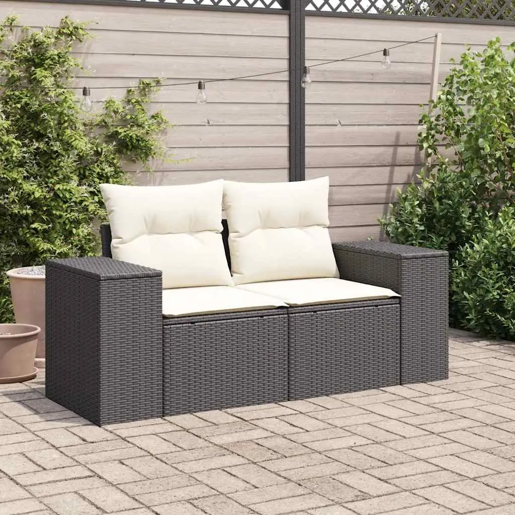 2-Seater Garden Sofa PE Poly Rattan Black with Cushions Storage Outdoor Patio Furniture