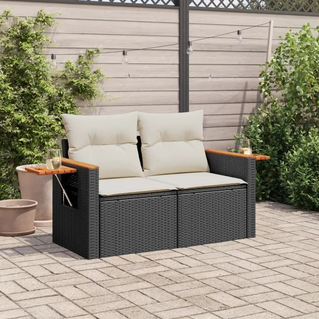 Outdoor Sofa PE Rattan 2-Seater Black with Cushions and Storage