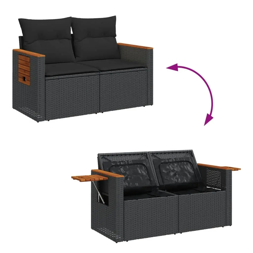Outdoor Sofa PE Rattan 2-Seater Black with Cushions and Storage