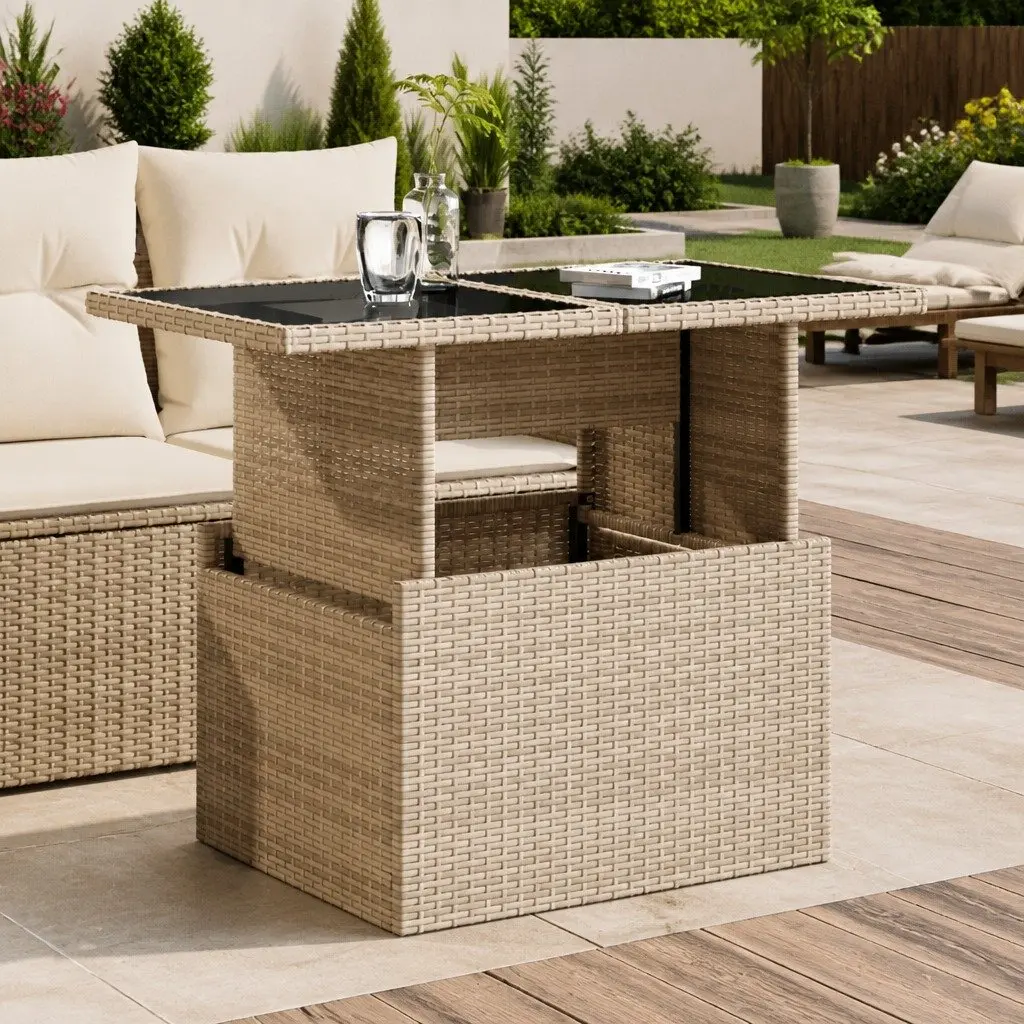 Garden Table Poly Rattan Adjustable Glass Top Beige 100 x 55 x 73 cm