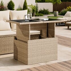 Adjustable Glass Top Garden Table Outdoor Beige Poly Rattan