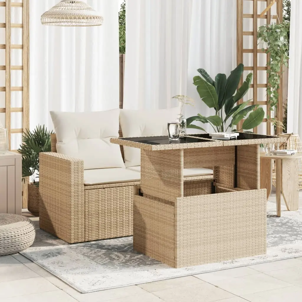 Garden Table Poly Rattan Adjustable Glass Top Beige 100 x 55 x 73 cm
