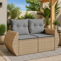 Premium 2-Seater Garden Sofa with Cushions in Beige Rattan