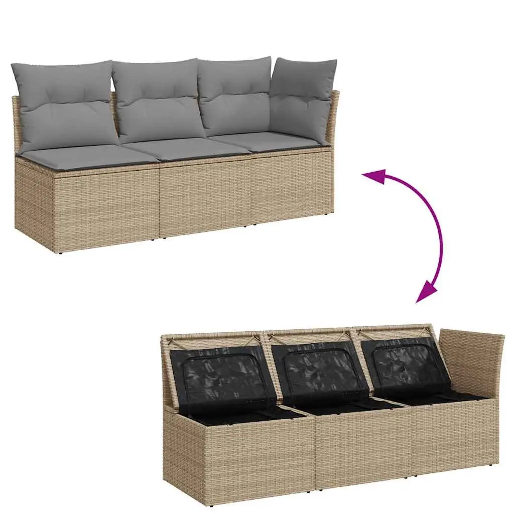 Beige 3-Seater Garden Sofa with Storage Cushions