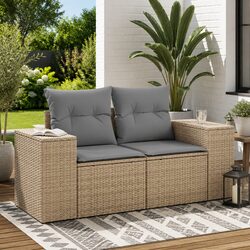 Beige Poly Rattan 2-Seater Outdoor Garden Sofa with Cushions