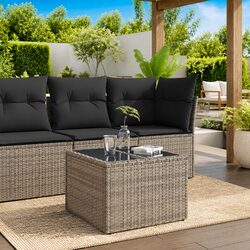 Outdoor Grey Poly Rattan Garden Table with Glass Top
