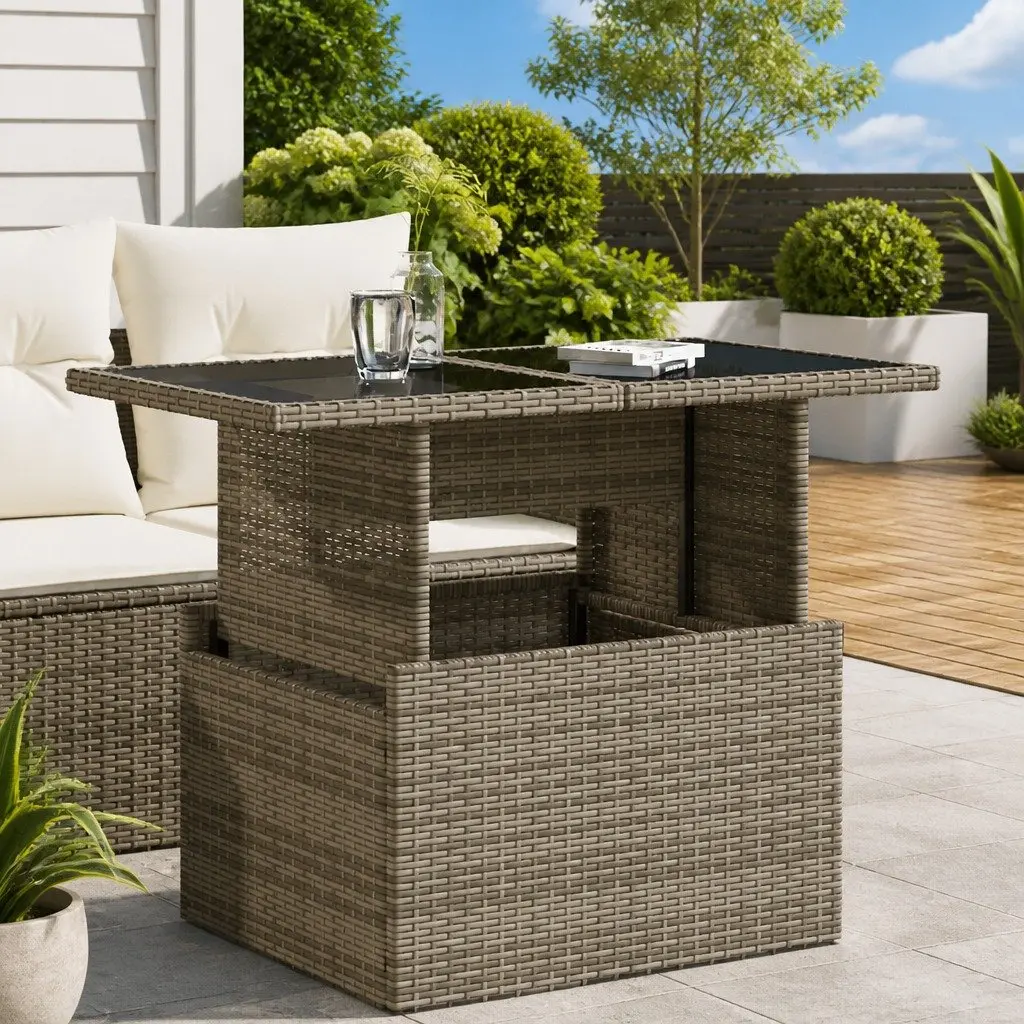 Garden Table Poly Rattan Grey Glass Top Adjustable Height Outdoor Furniture
