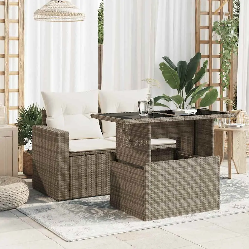Garden Table Poly Rattan Grey Glass Top Adjustable Height Outdoor Furniture