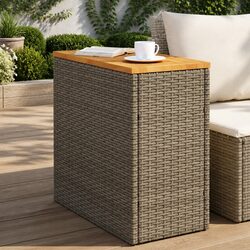 Sturdy Garden Side Table with Wooden Top and Grey Rattan