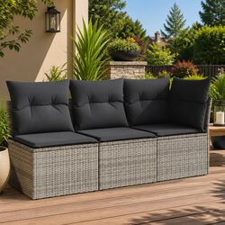 Grey Poly Rattan 3-Seater Outdoor Garden Sofa with Cushions