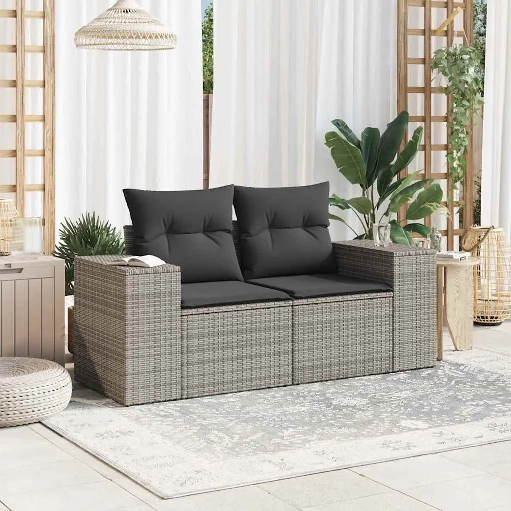 2-Seater Garden Sofa PE Rattan Grey Outdoor Patio Furniture with Cushions Storage