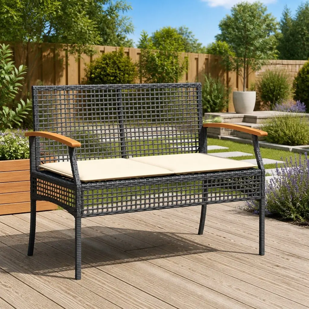 Black Poly Rattan Garden Bench with Cushion