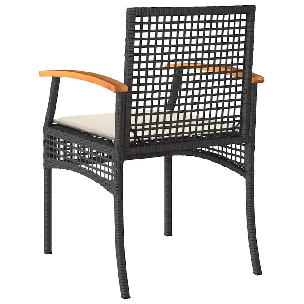 3 Piece Bistro Set PE Rattan Acacia Wood Table Black Chairs with Cushions