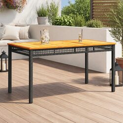 Black Poly Rattan Garden Table 140x80x75cm Acacia Top