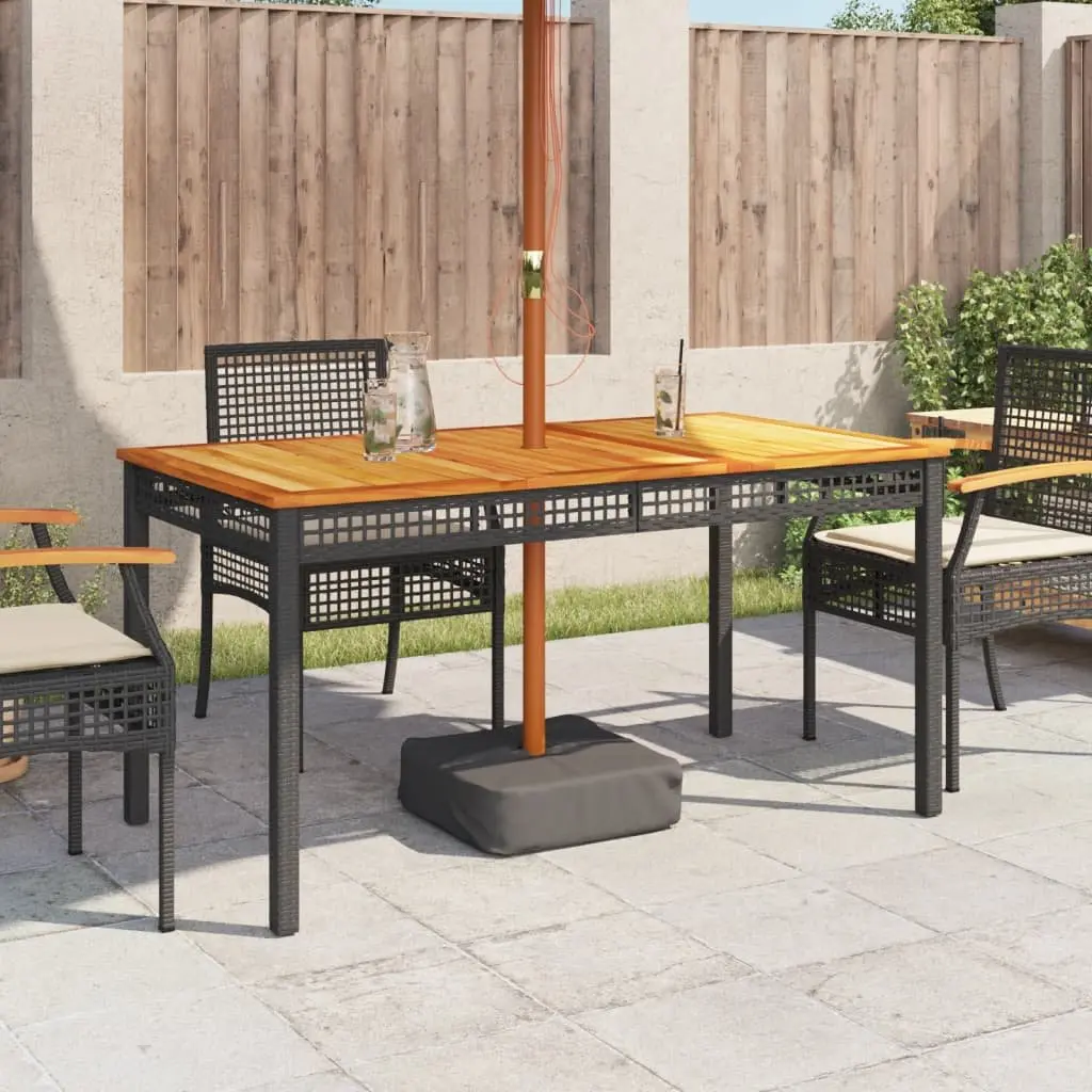 Black Poly Rattan Garden Table 140x80x75cm Acacia Top