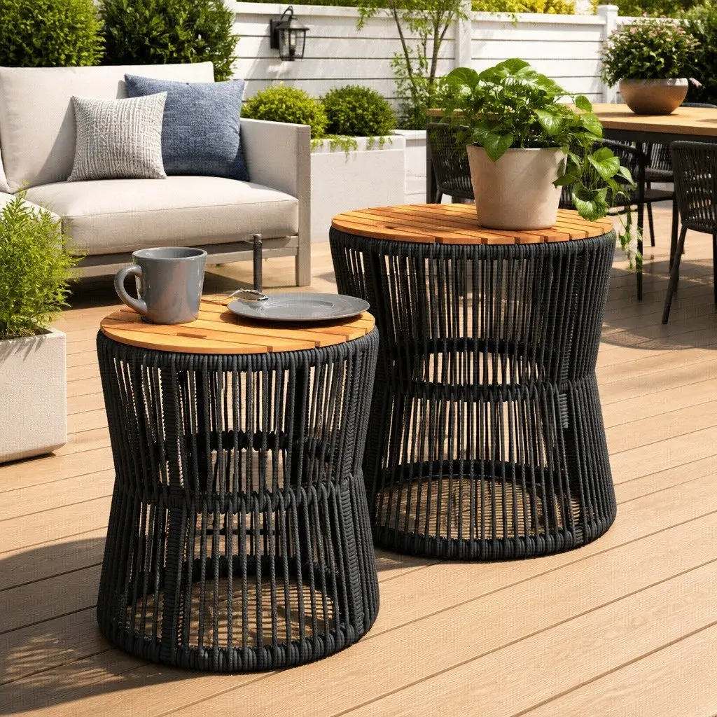 Garden Side Tables PE Rattan Acacia Wood Grey Set of 2