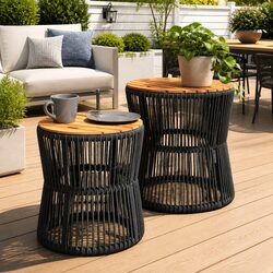 Set of 2 Grey Poly Rattan Garden Side Tables
