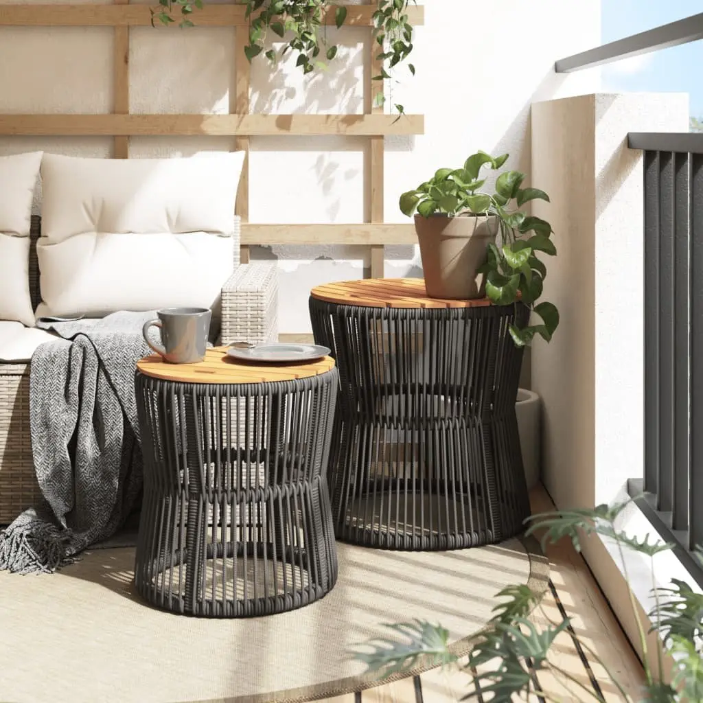 Garden Side Tables PE Rattan Acacia Wood Grey Set of 2