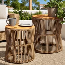Outdoor Patio Side Tables Set of 2 - Beige Poly Rattan