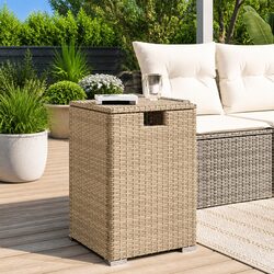 Beige Poly Rattan Outdoor Propane Tank Cover Table