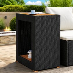 Durable Garden Side Table with Poly Rattan and Wooden Top