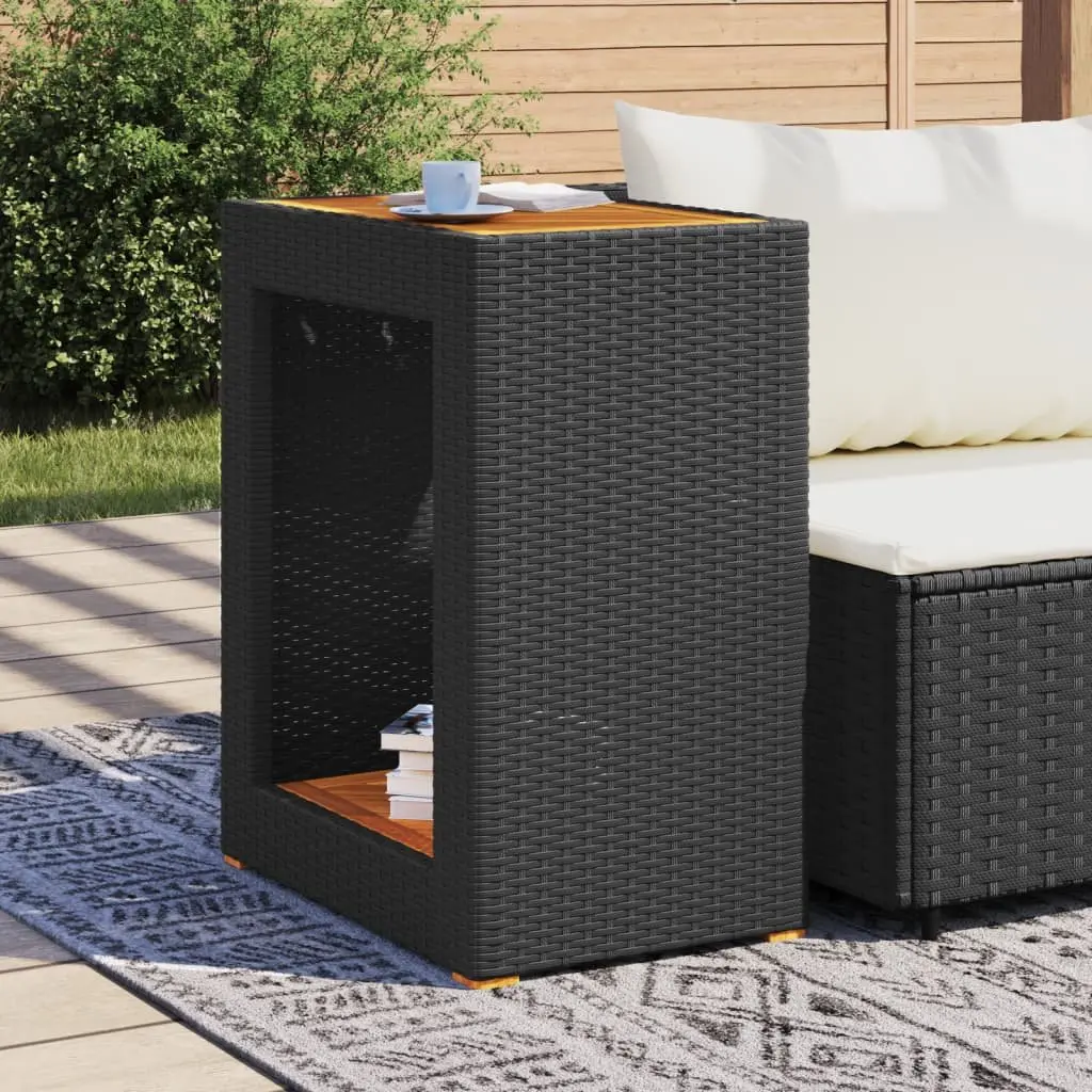 Garden Side Table Poly Rattan Frame Acacia Wood Top Black
