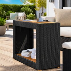 Black Outdoor Patio Coffee Table with Wooden Top