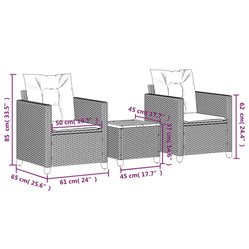 3 Piece Black Bistro Set with Cushioned Seating