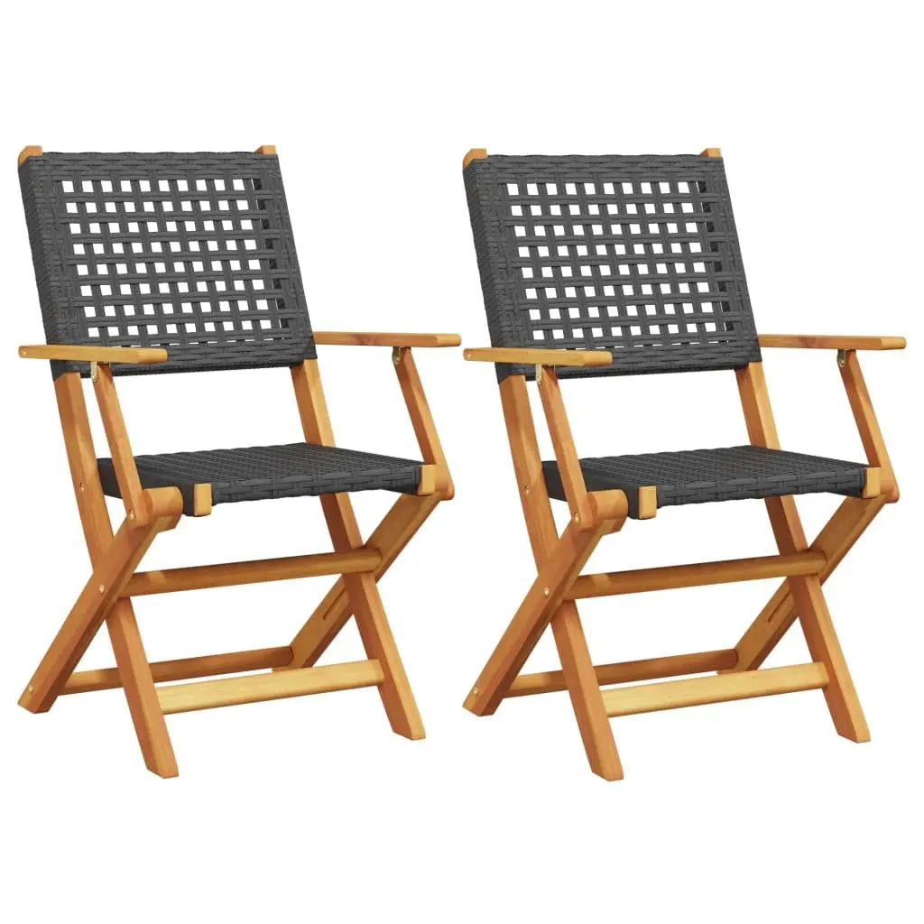 Outdoor Garden Chairs Foldable Solid Acacia Wood PE Rattan Black Set of 2