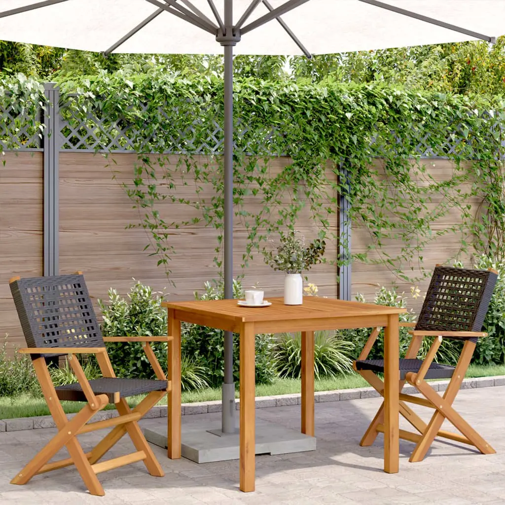 Outdoor Garden Chairs Foldable Solid Acacia Wood PE Rattan Black Set of 2
