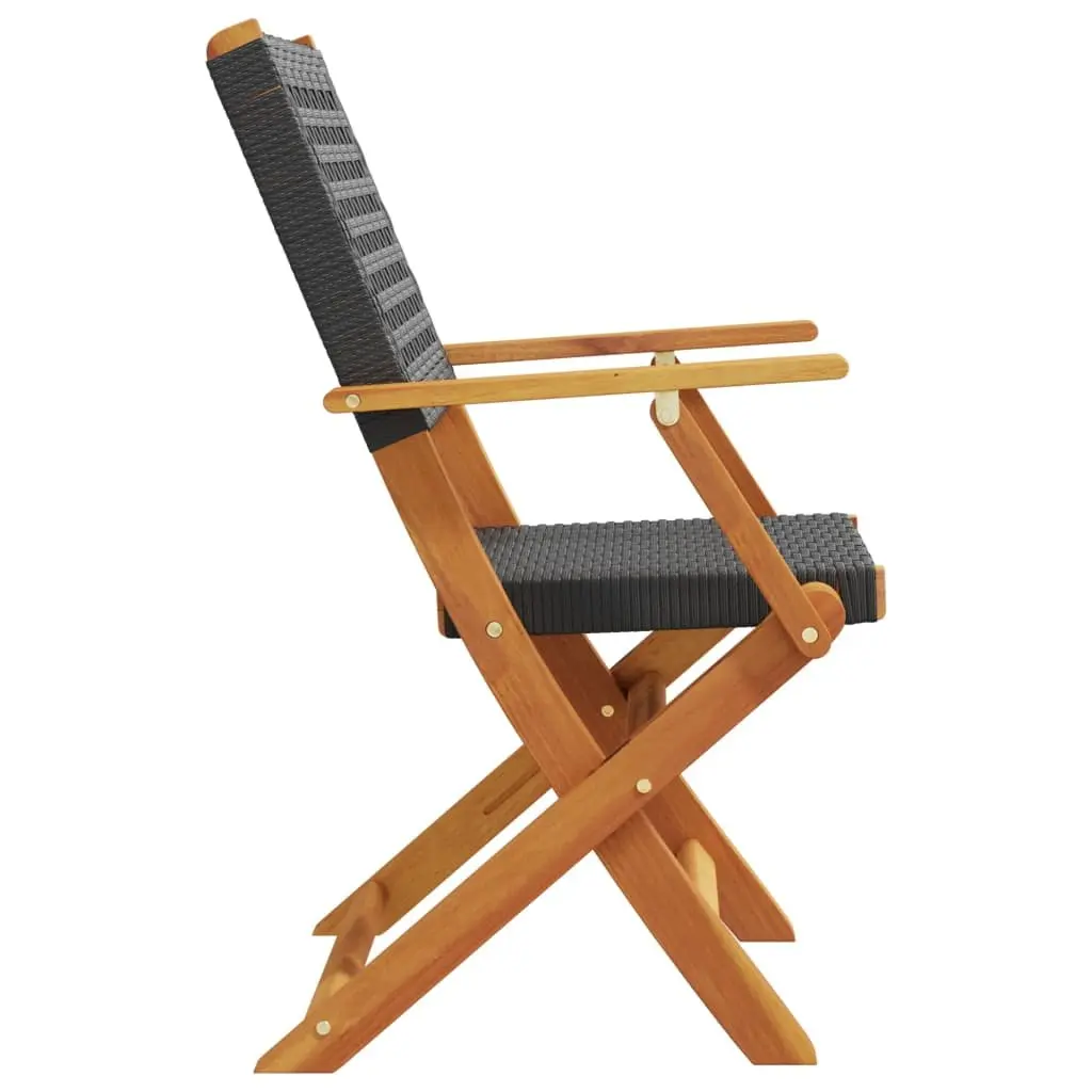 Outdoor Garden Chairs Foldable Solid Acacia Wood PE Rattan Black Set of 2