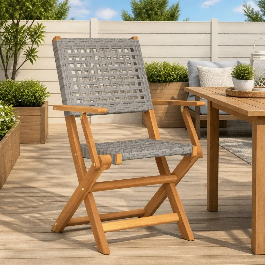 Outdoor Garden Chairs Acacia Wood Poly Rattan Foldable Grey 2 Piece