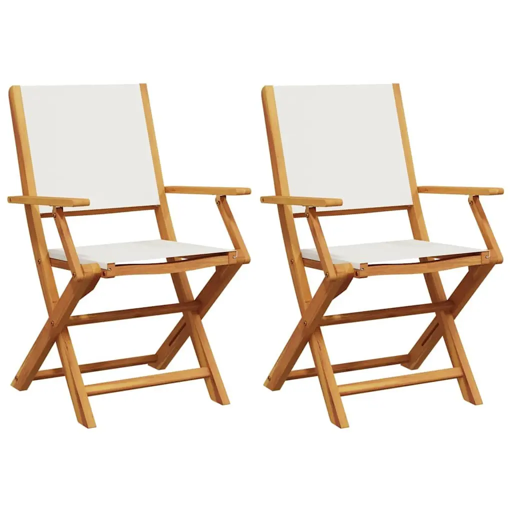 Folding Garden Chairs Solid Acacia Wood Fabric Seating 2 Piece Set White