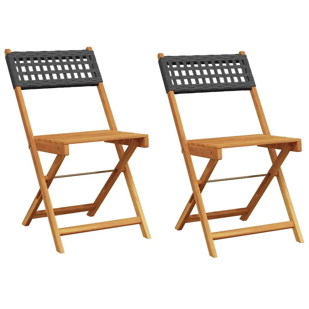 Bistro Chairs Set Solid Acacia Wood Poly Rattan Black Foldable Outdoor Seating
