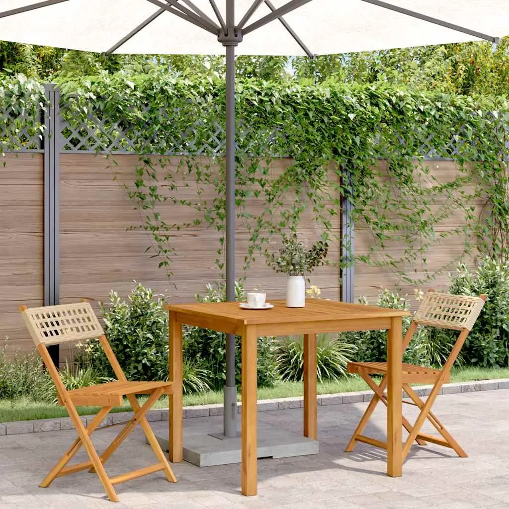 Bistro Chairs Solid Wood Acacia Poly Rattan Folding Beige 2 Piece