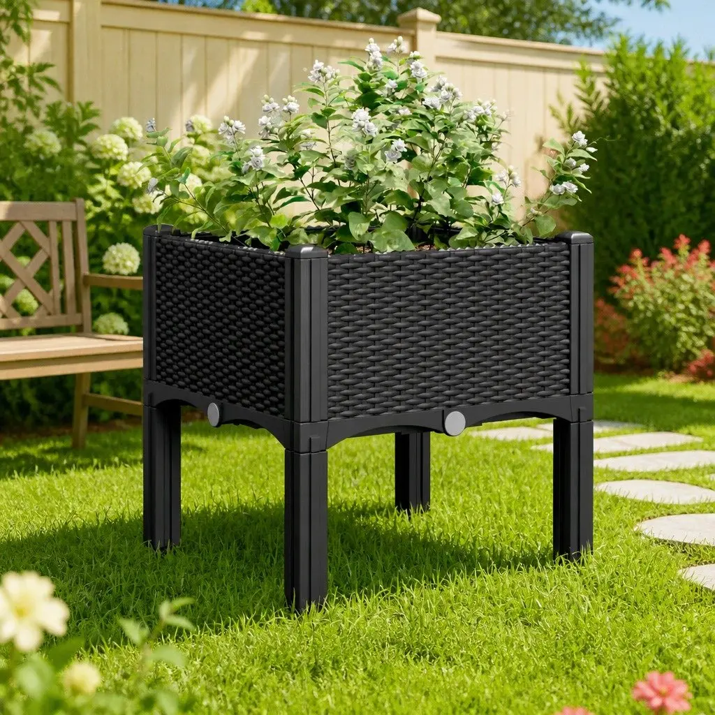 Elevated Black Garden Planter Box 40x40x42cm Rattan Style
