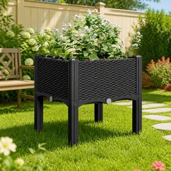Elevated Black Garden Planter Box 40x40x42cm Rattan Style