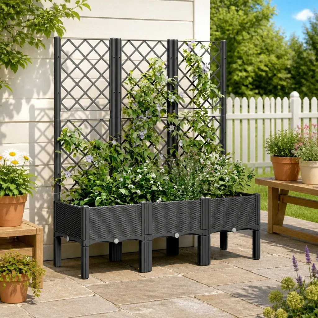 Black Garden Planter with Integrated Trellis