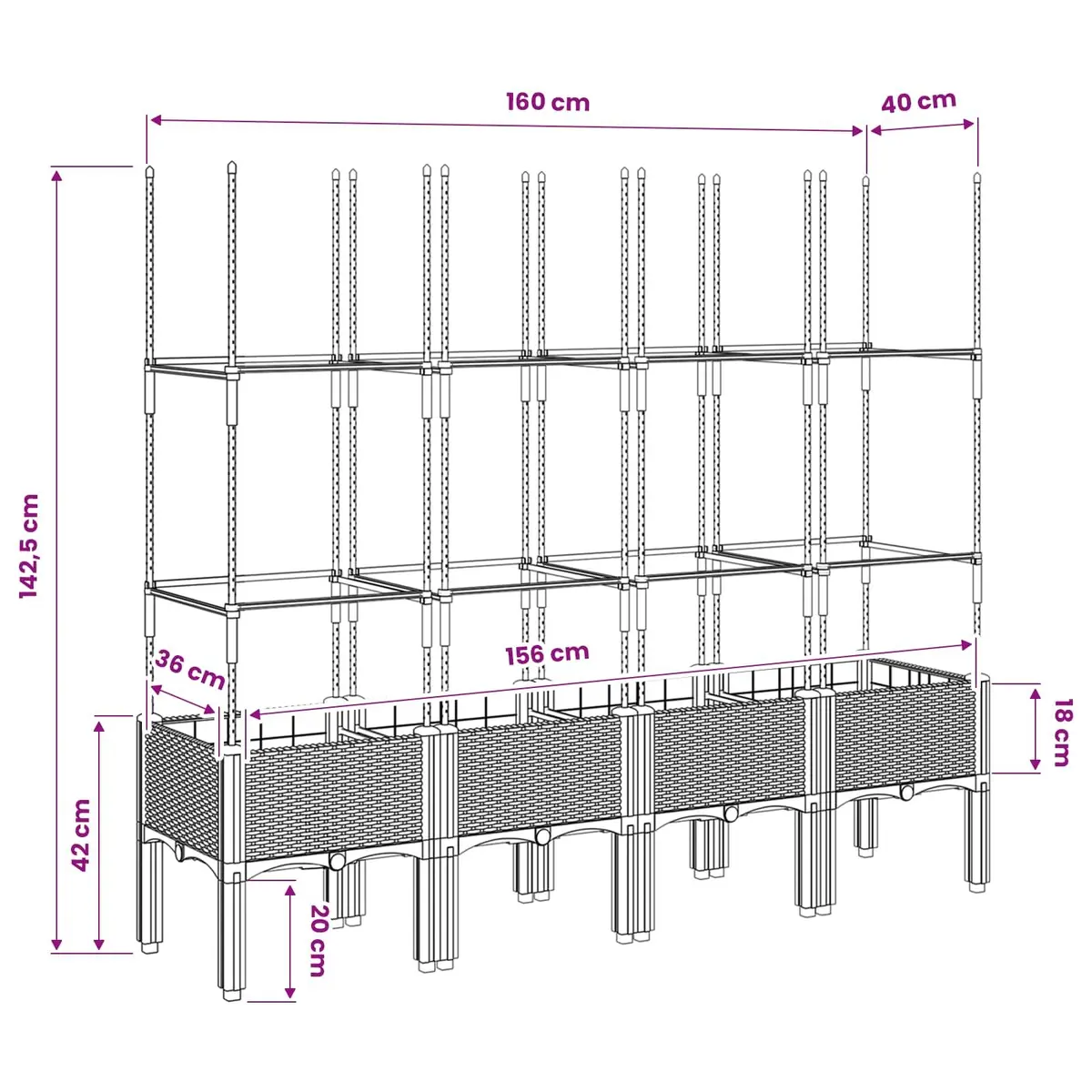 Garden Planter Polypropylene 160x40x142.5cm Grey