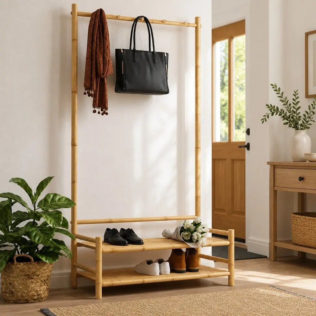 Bamboo Clothes Rack with Shelves for Organised Storage