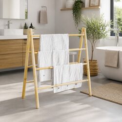 Double Towel Ladder 4 Rungs Bamboo Bathroom Storage Rack Stand Hallway Bedroom