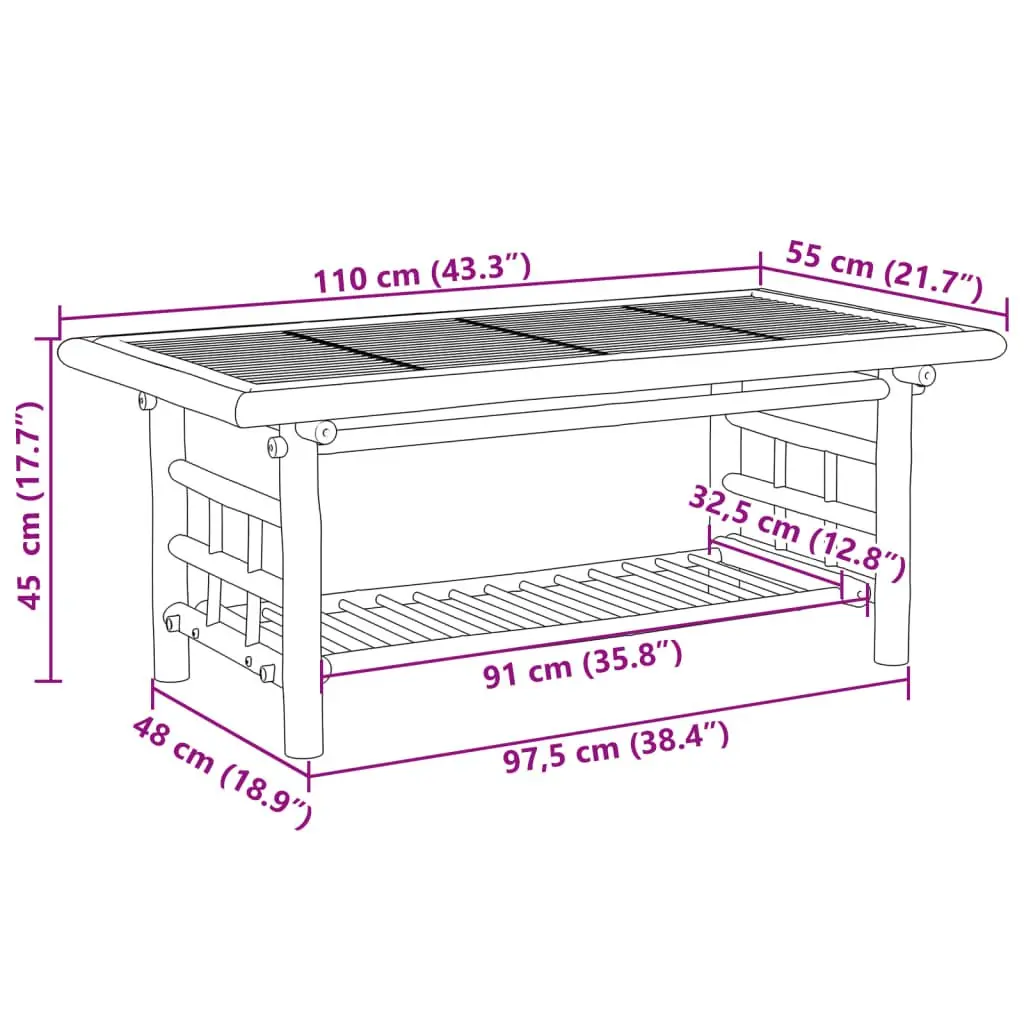 Bamboo Coffee Table with Storage, 110x55x45 cm