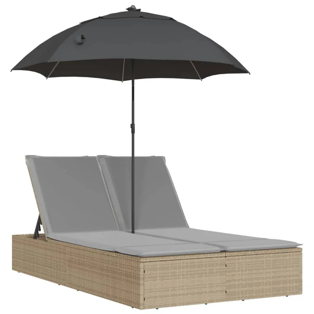 Double Sun Lounger with Adjustable Parasol Beige