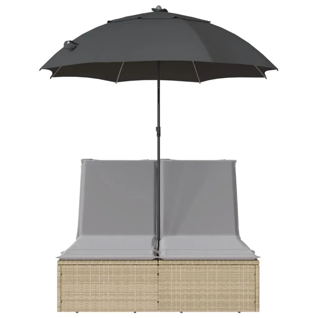 Double Sun Lounger with Adjustable Parasol Beige