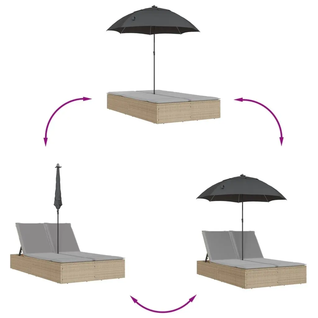 Double Sun Lounger with Adjustable Parasol Beige