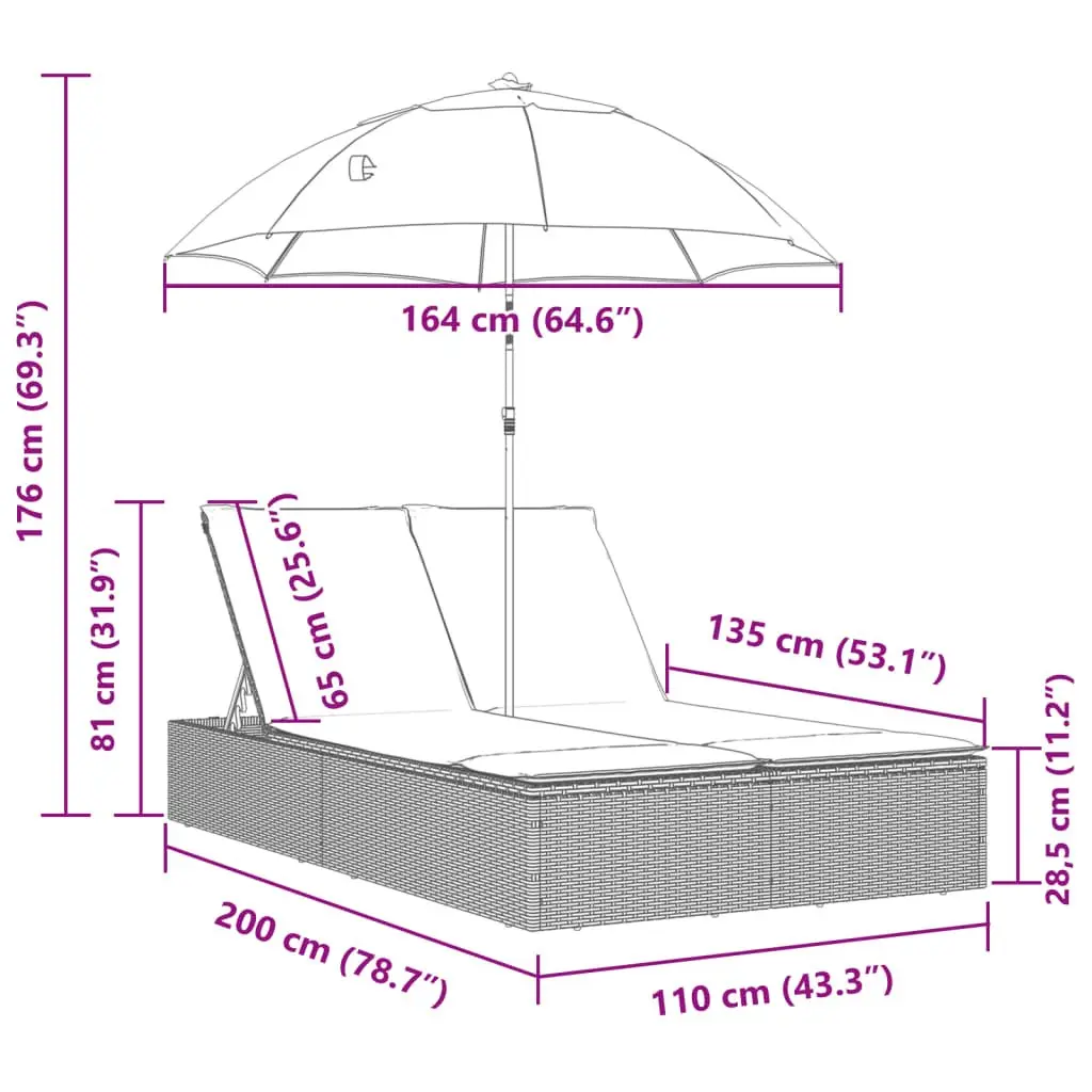 Double Sun Lounger with Adjustable Parasol Beige