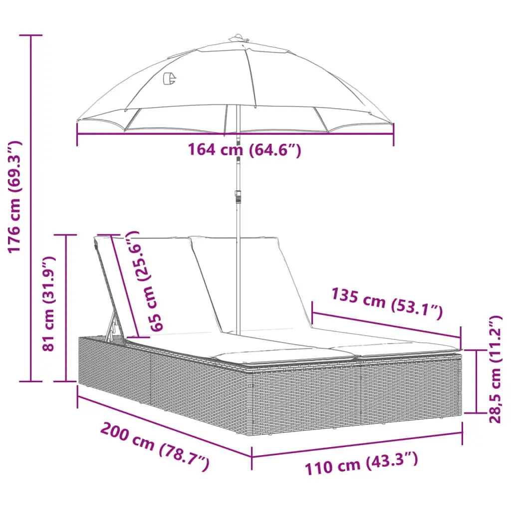 Outdoor Double Sun Lounger with Cushions and Parasol
