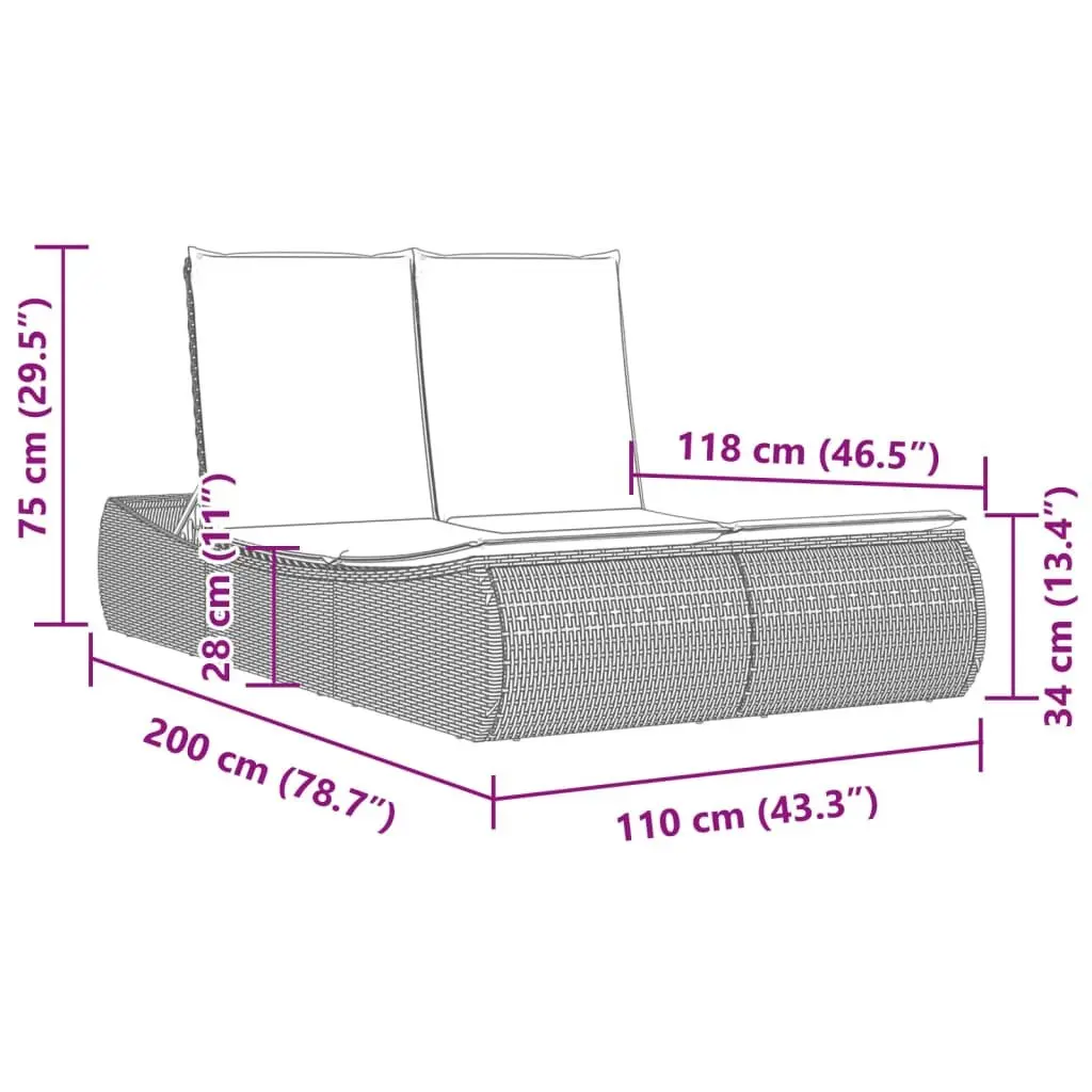 Adjustable Backrest Double Sun Lounger in Grey Poly Rattan