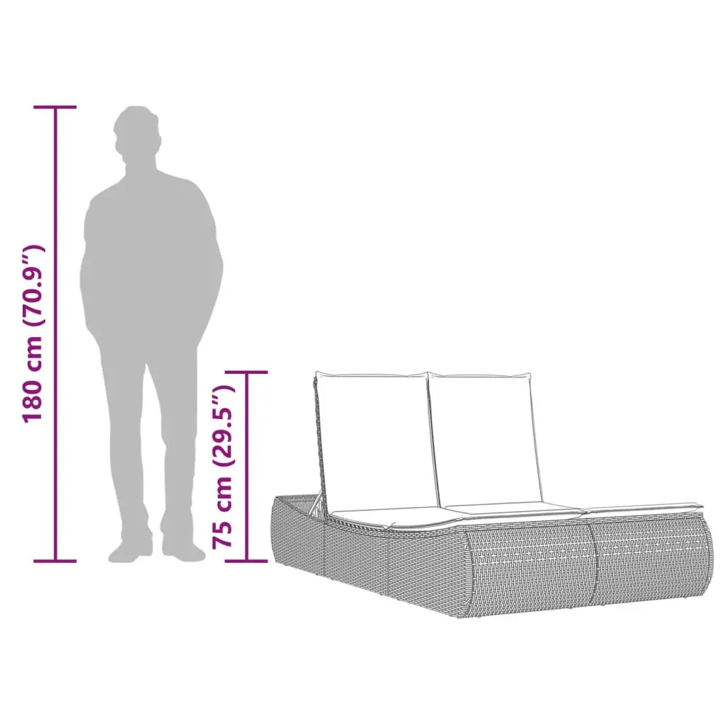 Adjustable Backrest Double Sun Lounger in Grey Poly Rattan