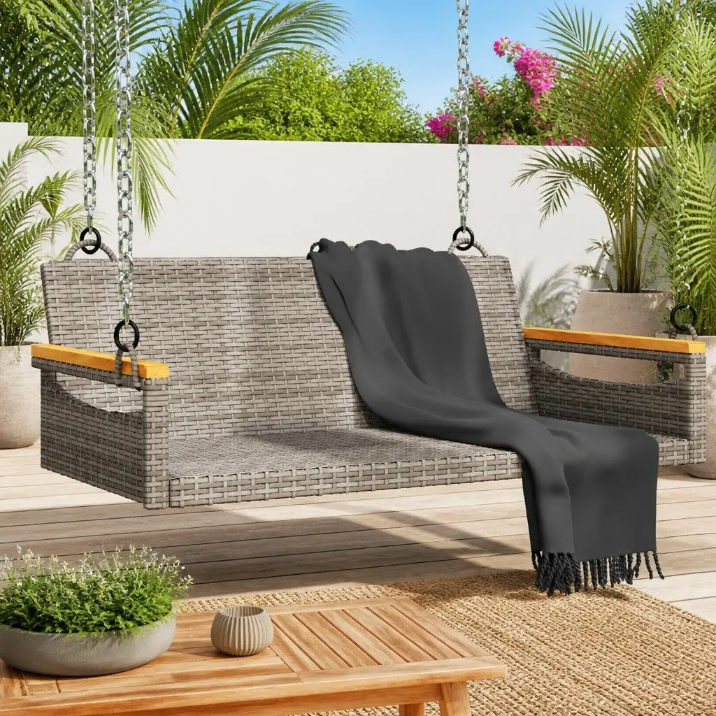 Grey Poly Rattan Outdoor Swing Bench